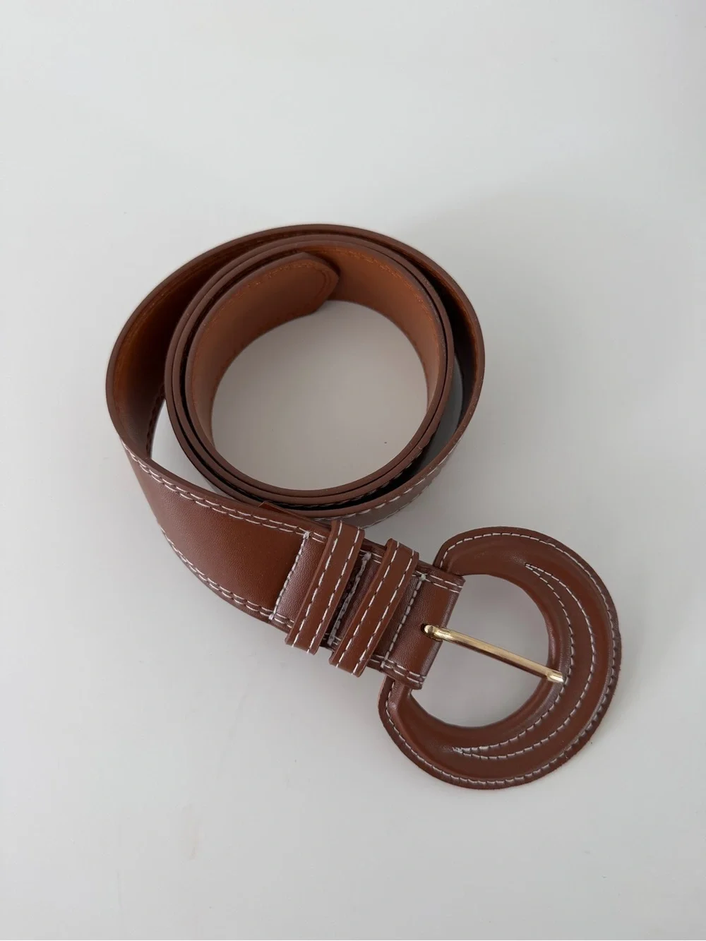 Brown faux leather belt accessory round buckle